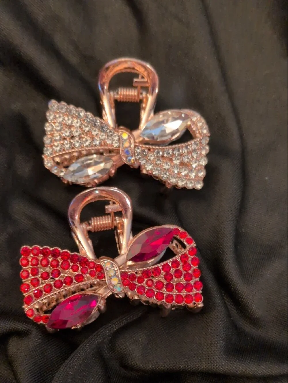 Rhinestone Bow Hair Claw Clip - Red and Silver